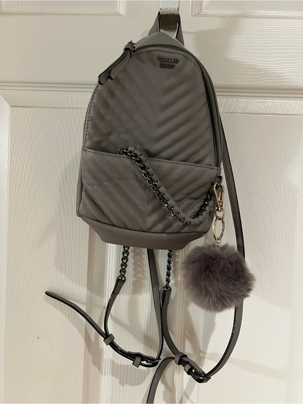 Victoria's Secret Quilted Chevron Mini Backpack in Gray with Pom